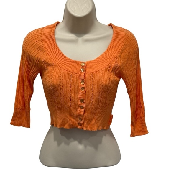 Orange Cropped Cardigan Sweater DKNY Jeans Y2K Buttons XS Cotton - Picture 1 of 6